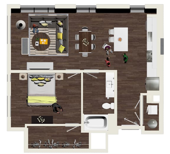 A floor plan of a house with a kitchen, living room, dining room, and bathroom.