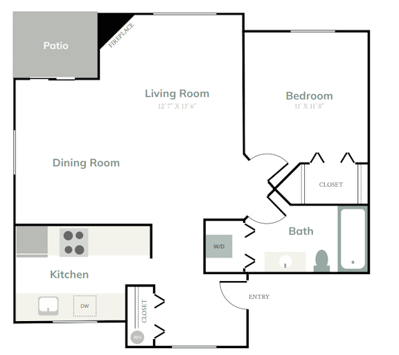 Floor Plan  A floor plan of a house with a patio, living room, dining room, kitchen, bath, and bedroom.