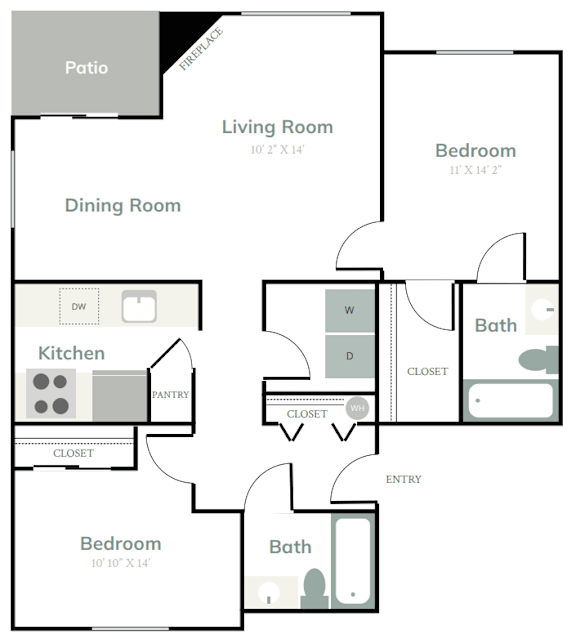 Floor Plan  A floor plan of a home with a patio, living room, dining room, kitchen, and two bedrooms.