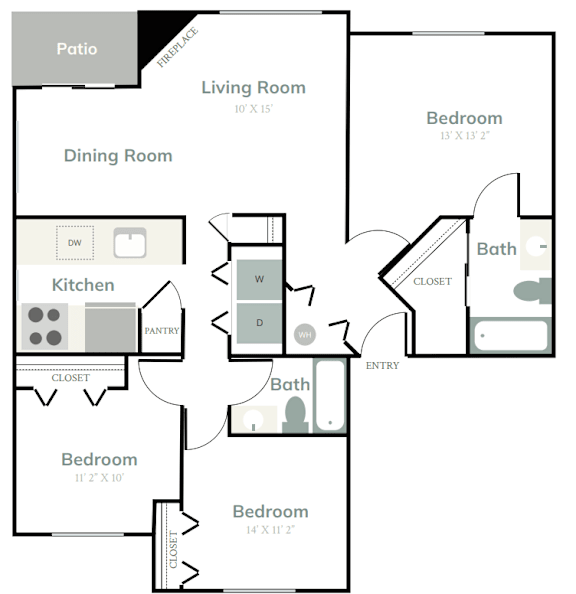 Floor Plan  A floor plan of a house with a patio, living room, dining room, kitchen, and three bedrooms.