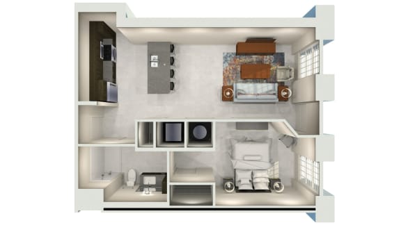 a 3d rendering of a 1 bedroom floor plan of a 2100 sq ft apartment