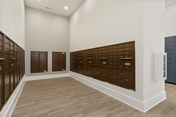 A room with a long row of brown lockers on the wall.