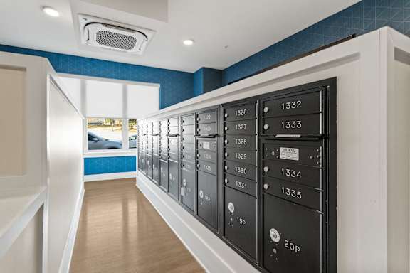 A row of mailboxes are lined up on a wall.