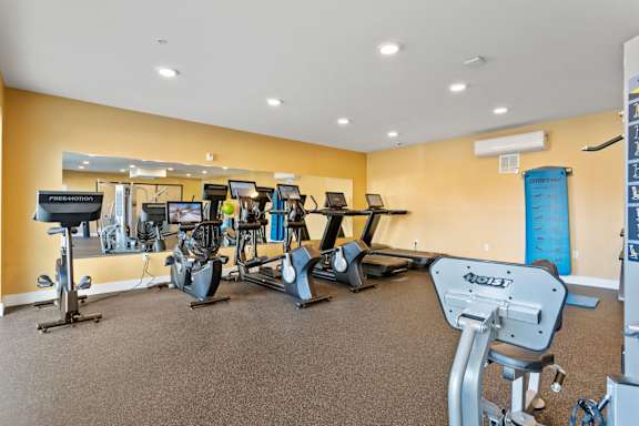 A gym with a variety of exercise equipment.