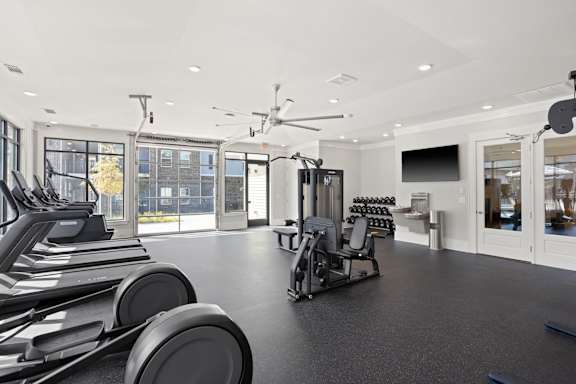 A spacious gym with treadmills, weights, and exercise equipment.