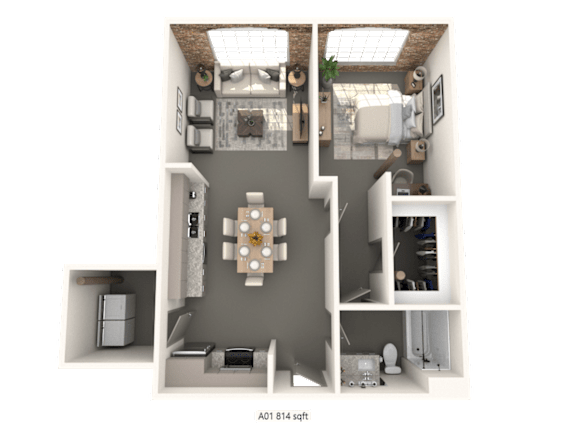 A 3D floor plan of a small apartment with a kitchen, living room, and bathroom.