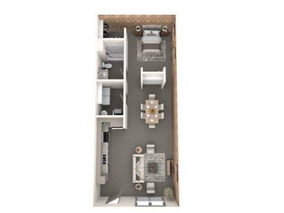 A detailed 3D floor plan of a small apartment.