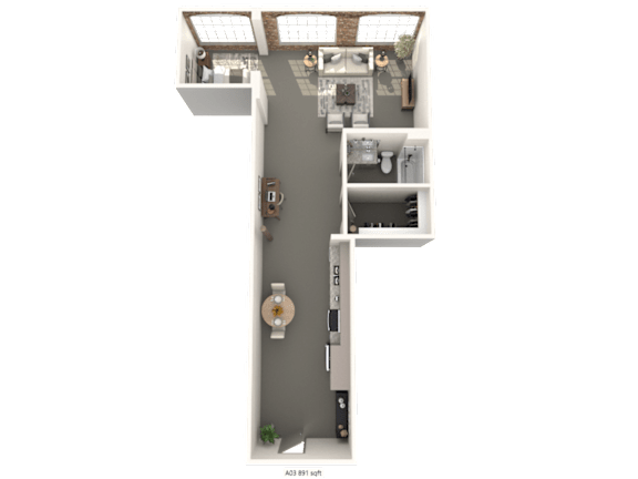 A floor plan of a house with a kitchen, living room, and bathroom.