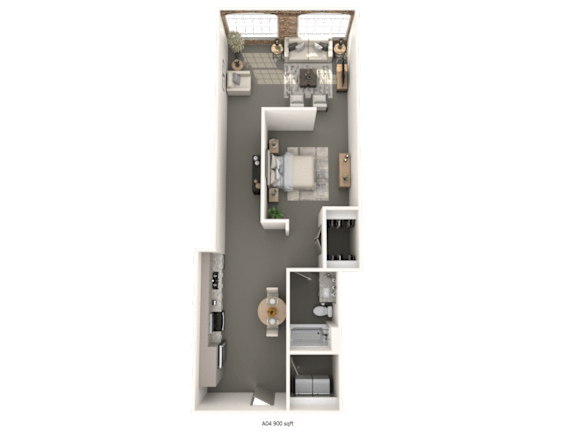 A floor plan of a small apartment with a kitchen, living room, and bathroom.