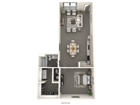 A floor plan of a small apartment with a kitchen, living room, and bathroom.