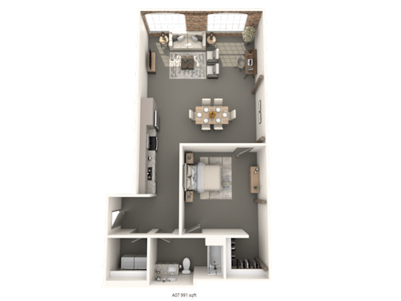 A 3D rendered image of a small apartment layout.