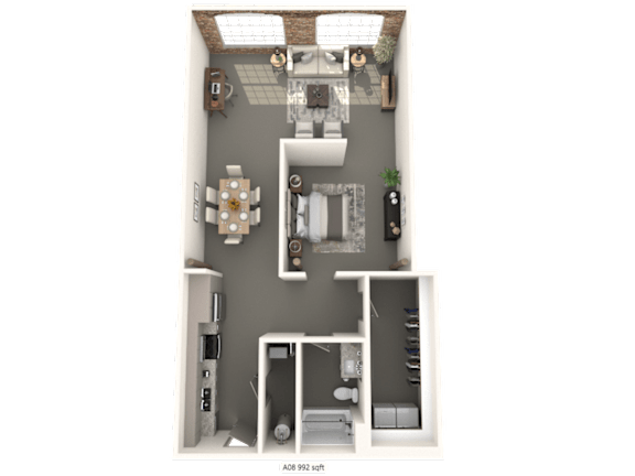 A top-down view of a small apartment layout with a kitchen, living room, and bathroom.