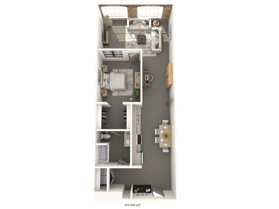 A floor plan of a small apartment with a kitchen, living room, and bathroom.