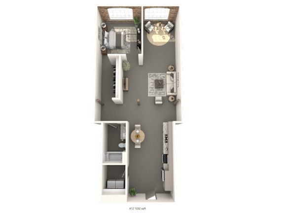 A top-down view of a small apartment with a kitchen, living room, and bathroom.