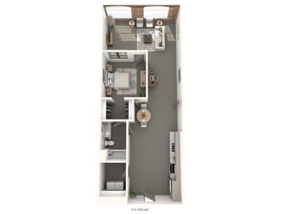 A floor plan of a small apartment with a kitchen, living room, and bathroom.