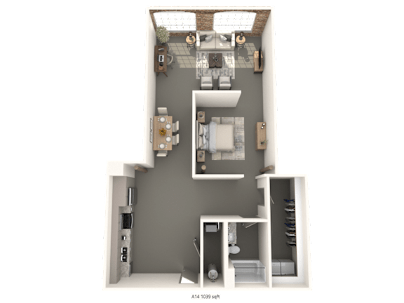 A 3D floor plan of a small apartment with a kitchen, living room, and bathroom.