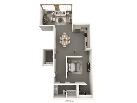 A 3D floor plan of a house with a living room, kitchen, and bathroom.