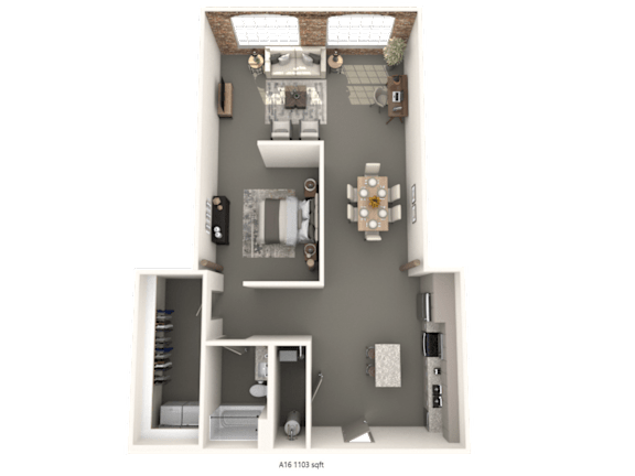 A floor plan of a small apartment with a kitchen, living room, and bathroom.