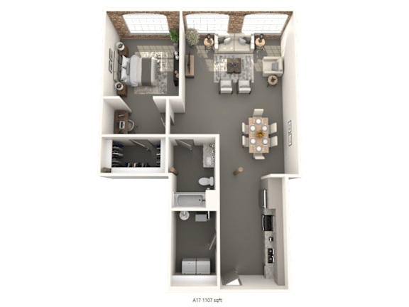 A floor plan of a house with a living room, kitchen, and two bedrooms.