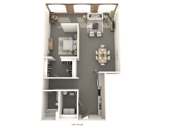 A floor plan of a house with a living room, kitchen, and two bathrooms.