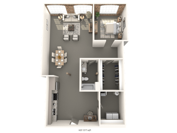 A 3D floor plan of a small apartment with a kitchen, living room, and bathroom.