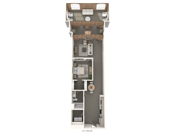 A floor plan of an apartment with a living room, kitchen, and two bedrooms.