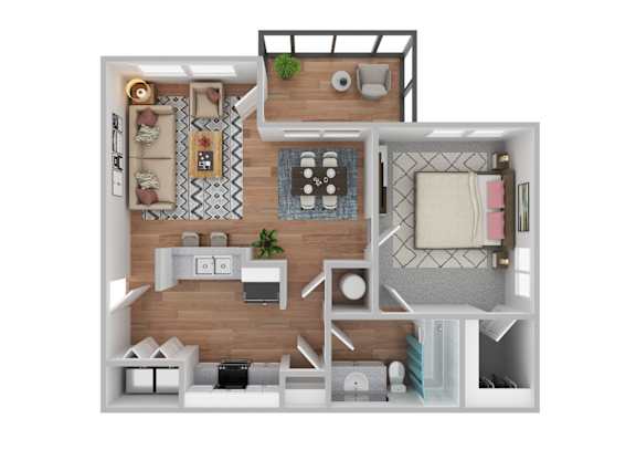 a stylized floor plan with a bedroom and living room