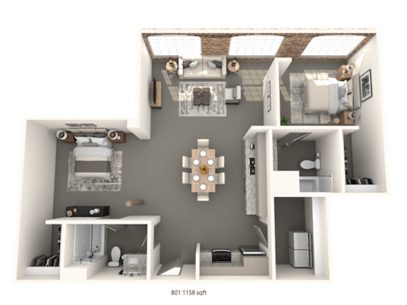 A 3D floor plan of a house with a living room, kitchen, and two bedrooms.