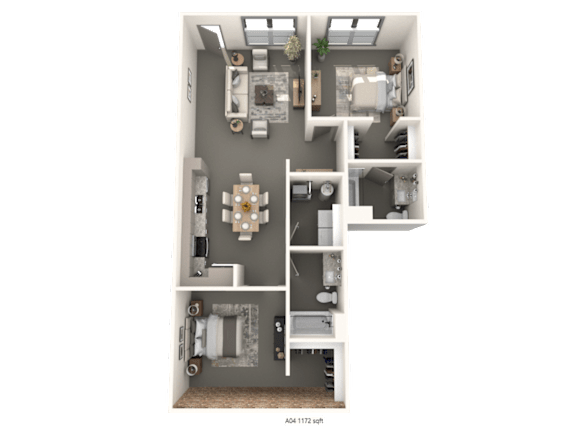 A floor plan of a small apartment with a kitchen, living room, and bathroom.