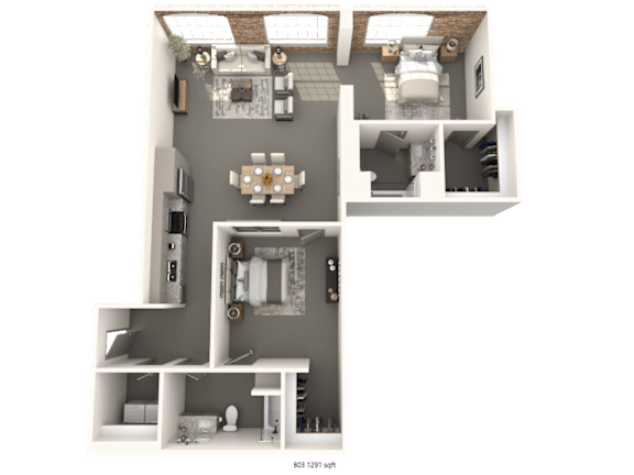 A 3D floor plan of a house with a living room, kitchen, and two bedrooms.