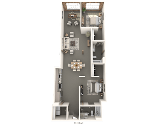 A floor plan of a house with a living room, two bedrooms, a kitchen, and a bathroom.