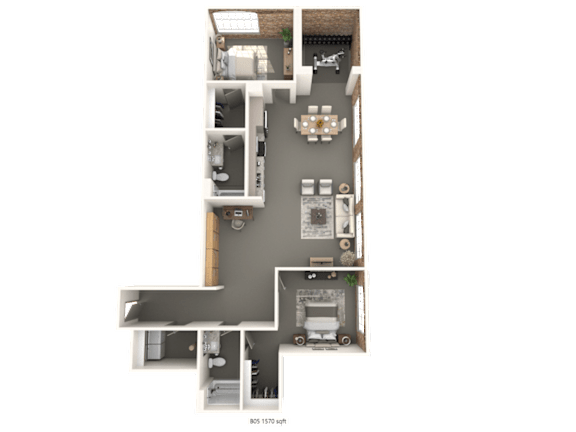 A floor plan of a house with a kitchen, living room, and two bedrooms.