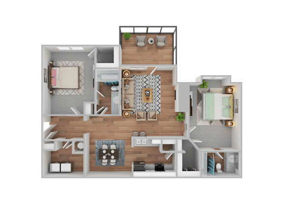 A 3D floor plan of a small apartment with a kitchen, living room, and bedroom.