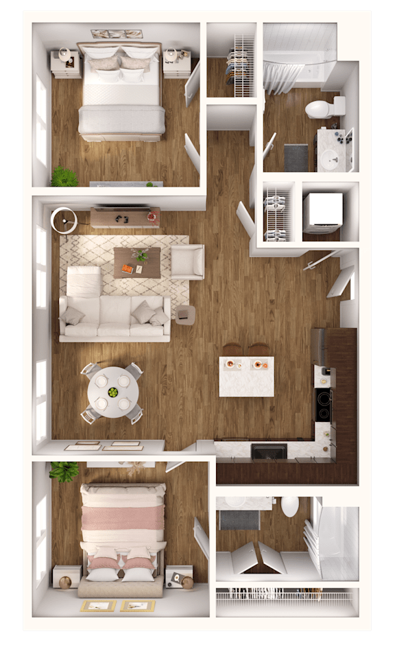 a 3d rendering of a bedroom with a bathroom and a living room