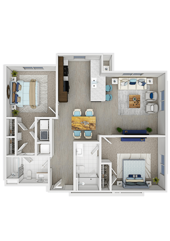 A 3D floor plan of a house with a kitchen, living room, dining room, and two bedrooms.