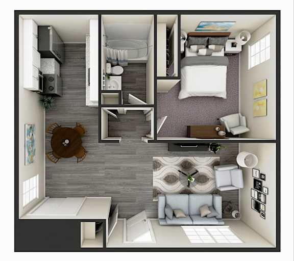 A 3D rendered image of a small apartment layout.