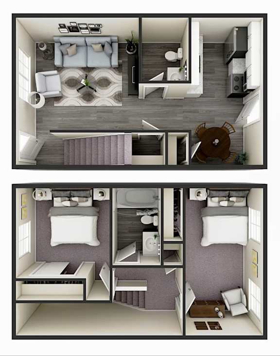 A top-down view of a living room and a bedroom.