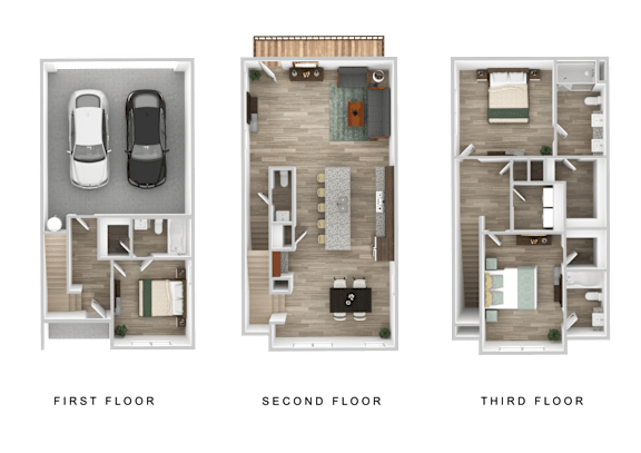 Three images showing the layout of the first, second, and third floors of a house.