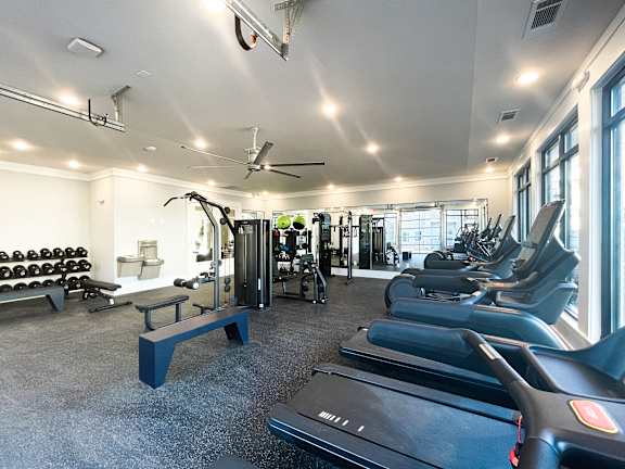 Falls at Meehan's State-of-the-Art Wellness Center with three treadmills, two stationary bikes, a Peloton bike, pull-down machines and dumbbells.