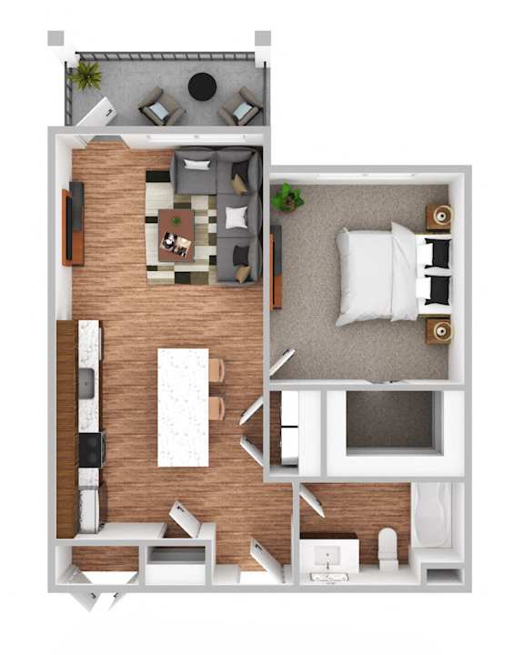 A top-down view of a living room with a couch, coffee table, and television.