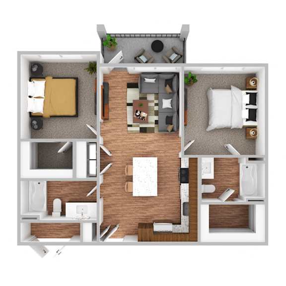 A top-down view of a two-bedroom apartment with a living room, kitchen, and bathroom.