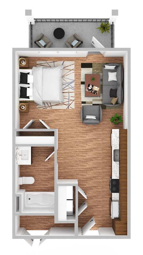 A top-down view of a small apartment layout with a kitchen, living room, and bathroom.