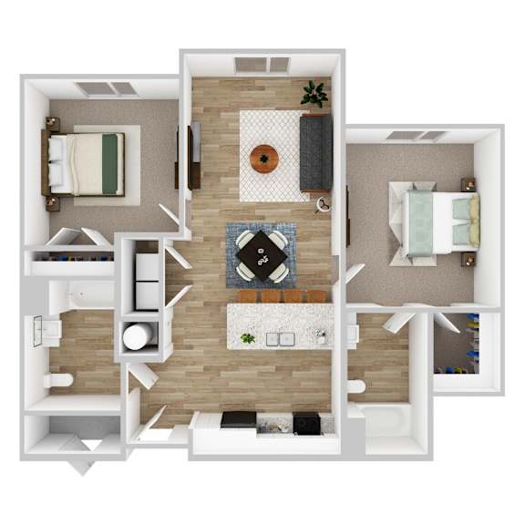A top down view of a small apartment with a kitchen, living room, and bedroom.