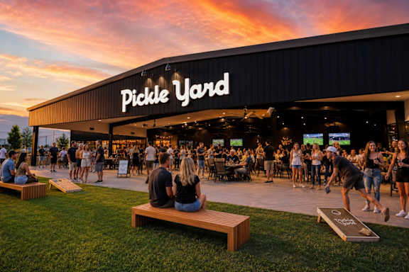 Outdoor dining and entertainment venue at sunset at The Courts at Maverick Yards Apartments, South Carolina