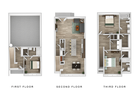 Three images showing the layout of the first, second, and third floors of a house.