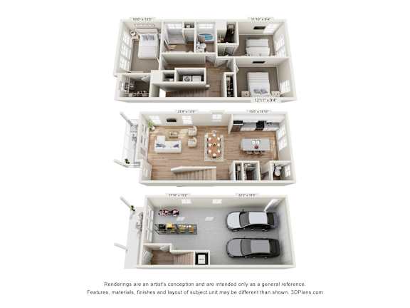 3D floor plan with garage at The Courts at Maverick Yards Apartments, Mauldin, SC 29662