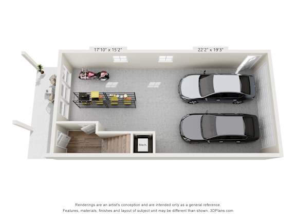 Two car garage with storage and mechanical room at The Courts at Maverick Yards Apartments, Mauldin, SC
