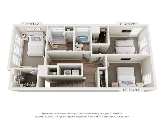 3D floor plan with three bedrooms and two bathrooms at The Courts at Maverick Yards Apartments, Mauldin, South Carolina