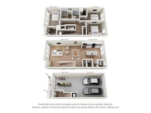 3D floor plan with three levels and garage at The Courts at Maverick Yards Apartments, Mauldin