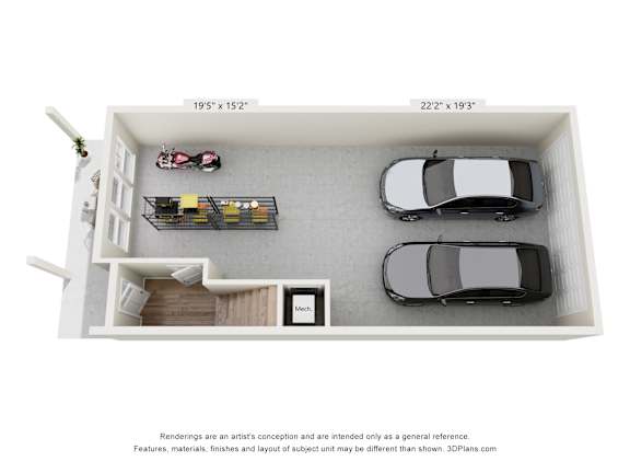 Two car garage with storage and motorcycle at The Courts at Maverick Yards Apartments, South Carolina